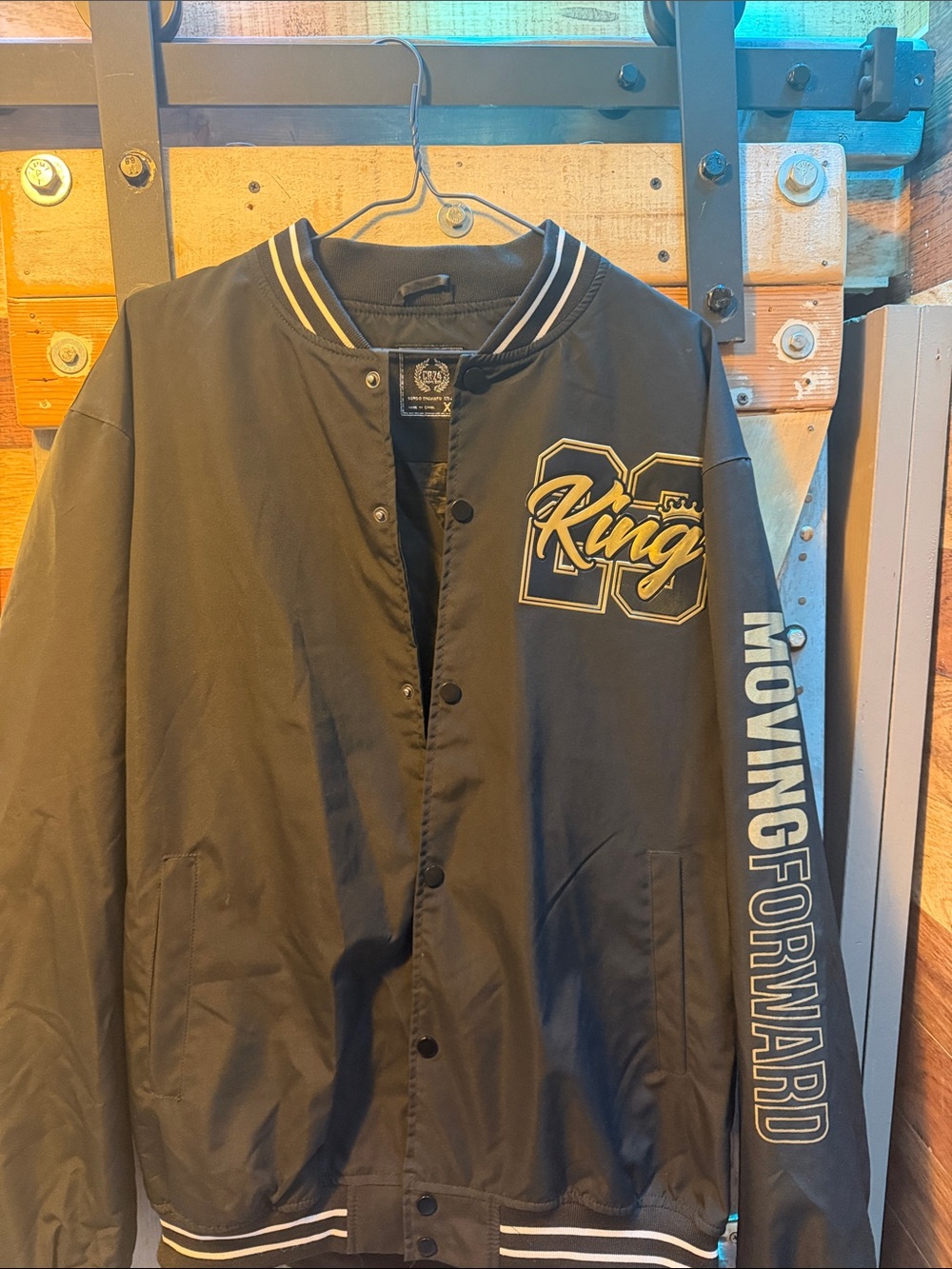 Crooks & Castles Black Bomber Jacket with Gold Trim & Sleeve Graphic